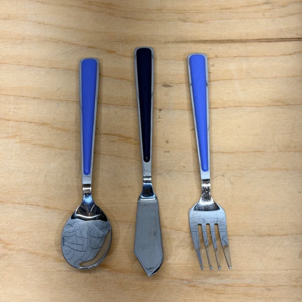 Fiesta Silverware 3pc Set Fork Spoon Spreader Blue Stainless Steel W-16 Flatware